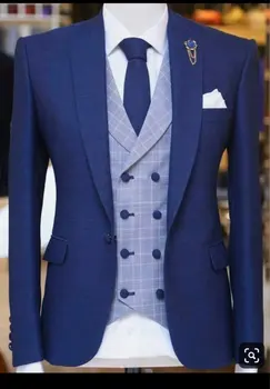 Синий мужской костюм из 3 предметов для свадьбы, смокинг жениха с отворотом, мужской модный комплект, куртка, клетчатый жилет со штанами, новое поступление