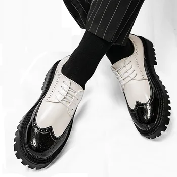 Туфли-оксфорды LIHUAMAO/ мужские повседневные туфли в стиле дерби на шнуровке с круглым носком на платформе, кожаная обувь на толстой подошве, кроссовки на массивном каблуке