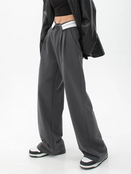 Уличная одежда, мешковатые Серые костюмные брюки, винтажные прямые повседневные брюки в стиле пэчворк с низкой посадкой, Корейские модные Женские капри для бега