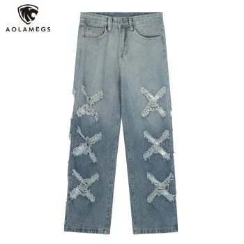 Уличная одежда Негабаритные прямые брюки Джинсы для мужчин С градиентными рваными дырами в стиле пэчворк Летние джинсовые брюки унисекс в стиле ретро