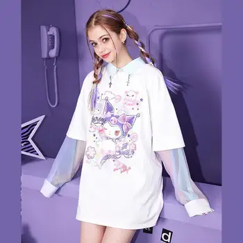 Футболка с коротким рукавом из 100% хлопка Kuromi, женская свободная корейская модная футболка с коротким рукавом оверсайз, модная футболка Kawaii Fashion