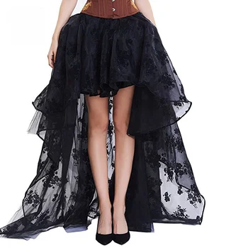 Черная шифоновая юбка с цветочным рисунком Спереди, короткая сзади, Длинная юбка в готическом викторианском стиле, юбки в стиле стимпанк, женская винтажная клубная одежда, большие размеры