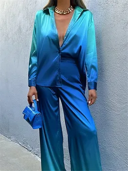 Элегантная синяя рубашка с градиентом, комплект из двух предметов, женская мода, Поло, воротник на пуговицах, рубашка с длинными рукавами, высокая талия, прямые брюки, костюм