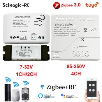 Zigbee3.0 AC 220V 110V Tuya Smart 1/2/4CH Релейный Модуль Выключателя света DC 7-32V RF433Mhz Пульт Дистанционного Управления Работает С Alexa Google Home