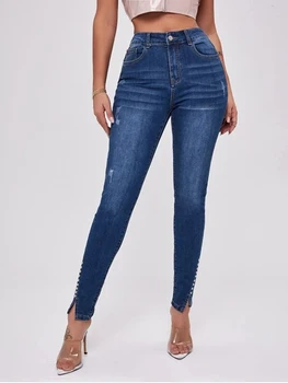 Индивидуальные джинсы с разрезом по низу, модные узкие брюки-джеггинсы, эластичные узкие брюки-карандаш с высокой талией, джинсовые брюки