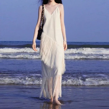 Летнее белое пляжное праздничное платье с кисточками, женское 2023, на бретельках, без рукавов, с V-образным вырезом, Длинное платье Макси, вечернее платье Vestidos