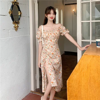 Летнее французское винтажное платье с цветочным рисунком, Женское дизайнерское милое Элегантное платье Миди с разрезом, повседневное праздничное платье с коротким рукавом 2021