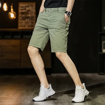 Мужские свободные Зеленые хлопчатобумажные шорты, уличная одежда, летние брюки с эластичной резинкой на талии длиной до колен, одежда