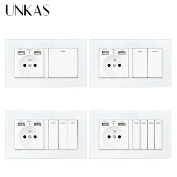 Разъем с двумя USB-портами французского стандарта UNKAS + 1 2 3 4 Двухпозиционный выключатель света из закаленного хрусталя