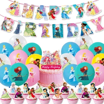 Украшение для вечеринки в честь Дня рождения принцессы Диснея Одноразовая посуда для вечеринок, Топпер для торта, Баннер, воздушный шар, Подставка для детского душа