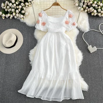 Французское элегантное женское летнее белое платье Foamlina, украшенное 3D цветами, квадратный воротник, короткий рукав, платье миди трапециевидной формы с высокой талией